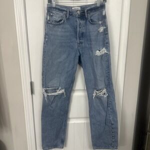 Agolde Women's 90s High Ride Distressed Straight Leg Jean 25 Waist Blue Denim